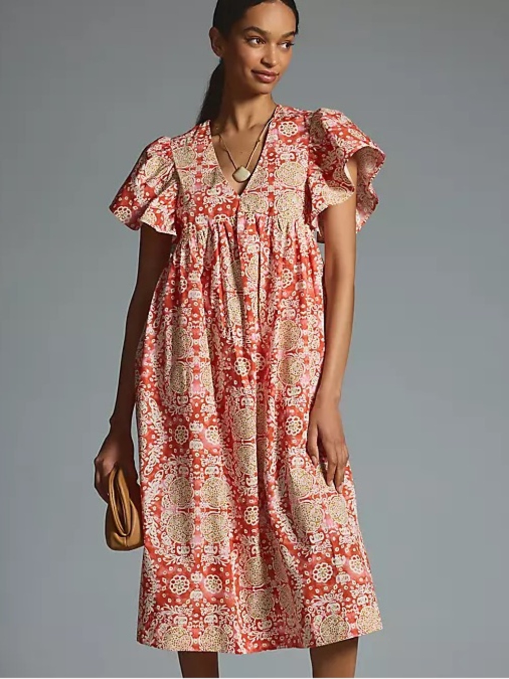 Anthropologie Printed Flutter Sleeve Babydoll Dress 100% Cotton Boho Small Red